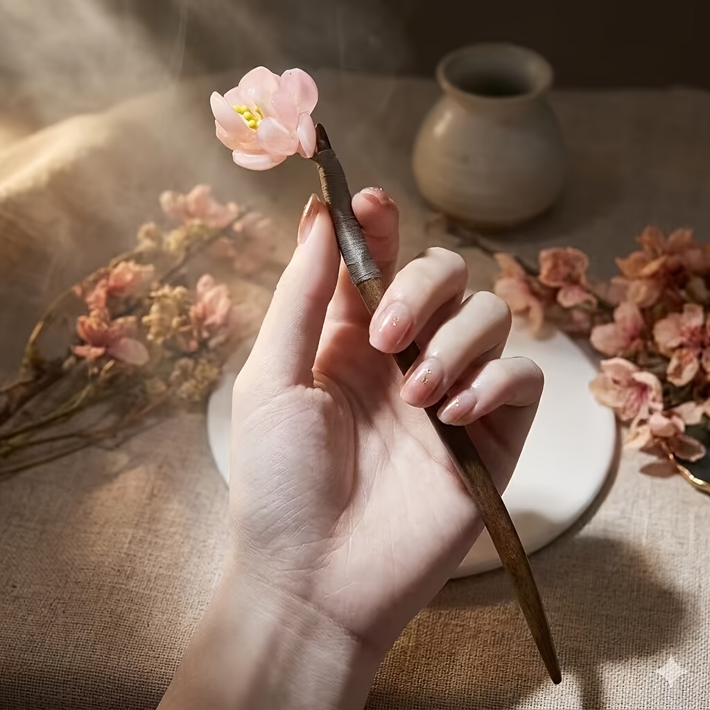 Chinese-style Gentle Pink Peach Blossom Wooden Hairpin